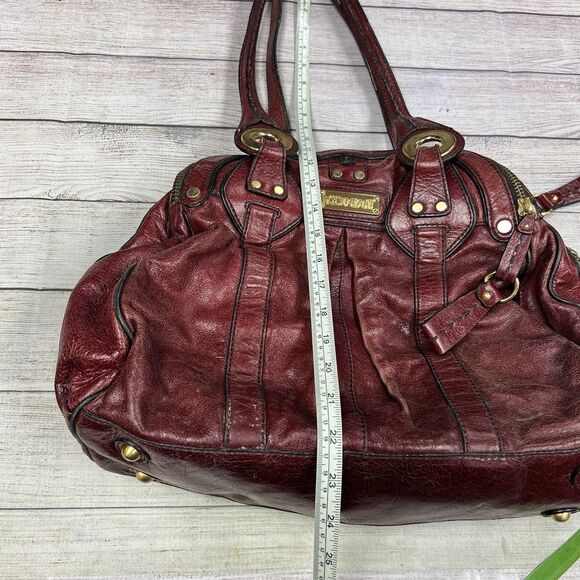 LOCKHEART DISTRESSED Y2K LARGE BURGUNDY GENUINE LEATHER HOBO SHOULDER TOTE BAG - Picture 10 of 10